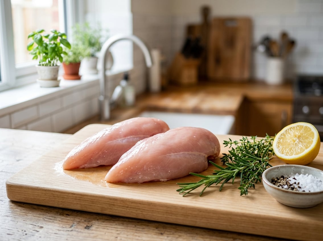 Close-up of fresh raw chicken breasts on a cutting board with herbs and lemon in a kitchen.