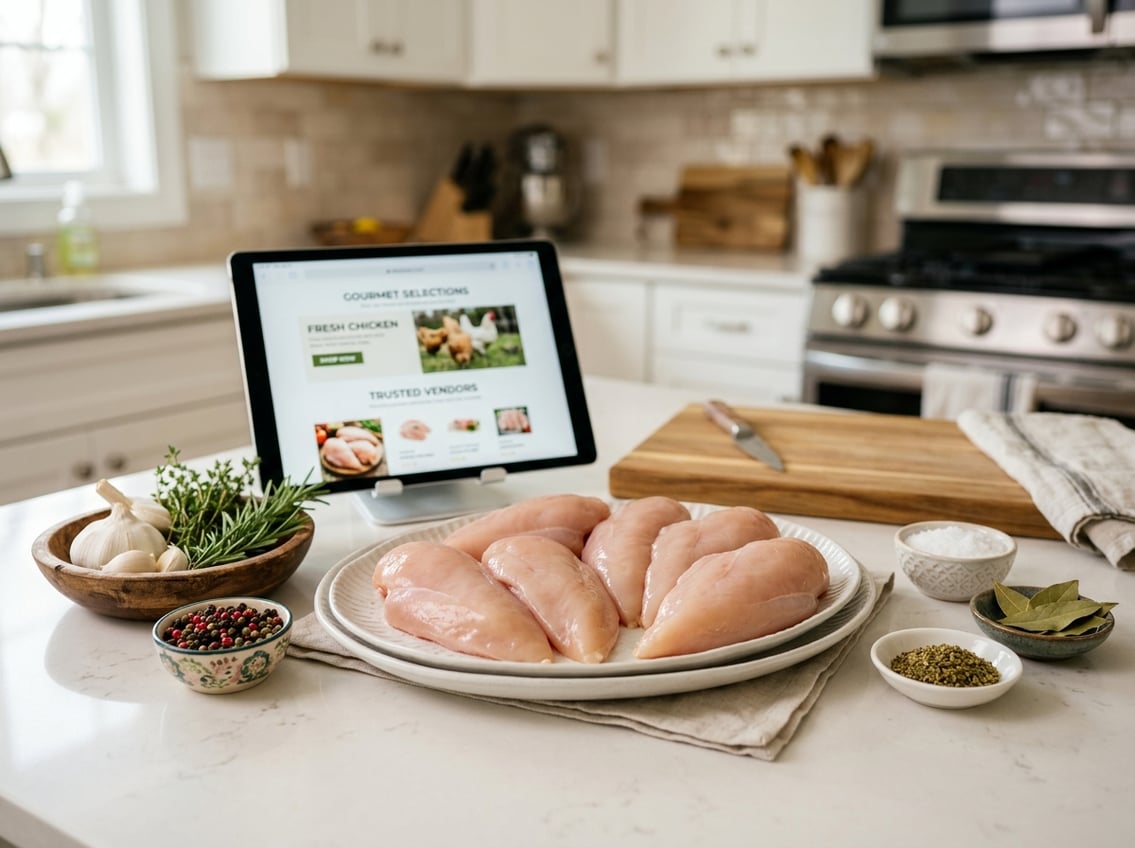 Fresh raw chicken breasts on plates with herbs and spices on a kitchen countertop, with a blurred laptop screen in the background.
