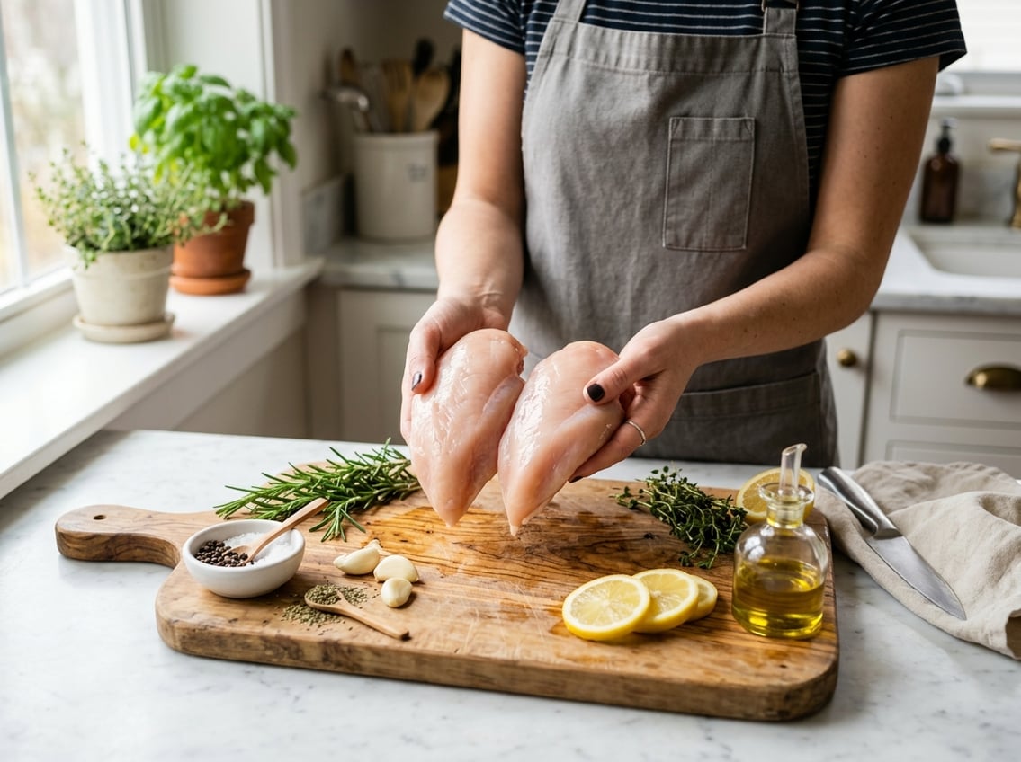 Hands holding fresh raw chicken breasts over a cutting board with herbs and spices on a kitchen countertop.