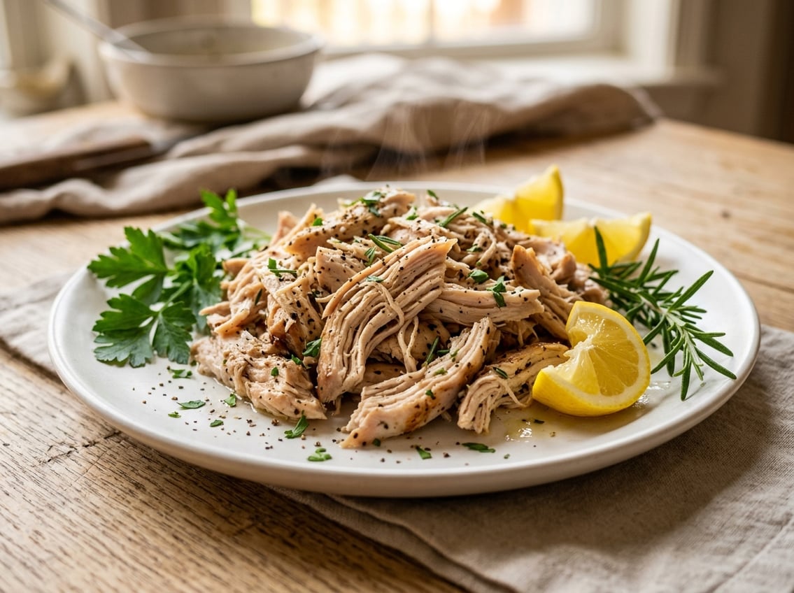 Close-up of a cooked shredded chicken breast on a white plate with herbs and lemon wedges.