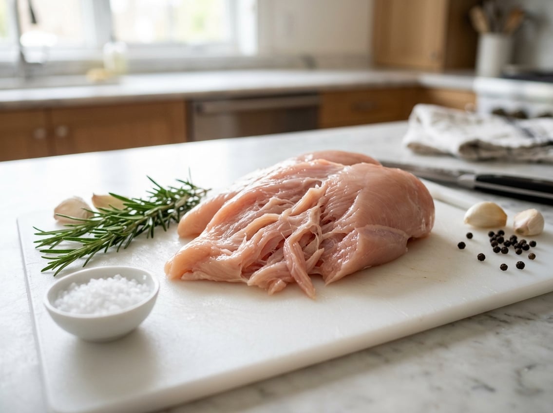Raw chicken breasts on a cutting board with some shredded pieces, surrounded by garlic, rosemary, and salt in a kitchen.