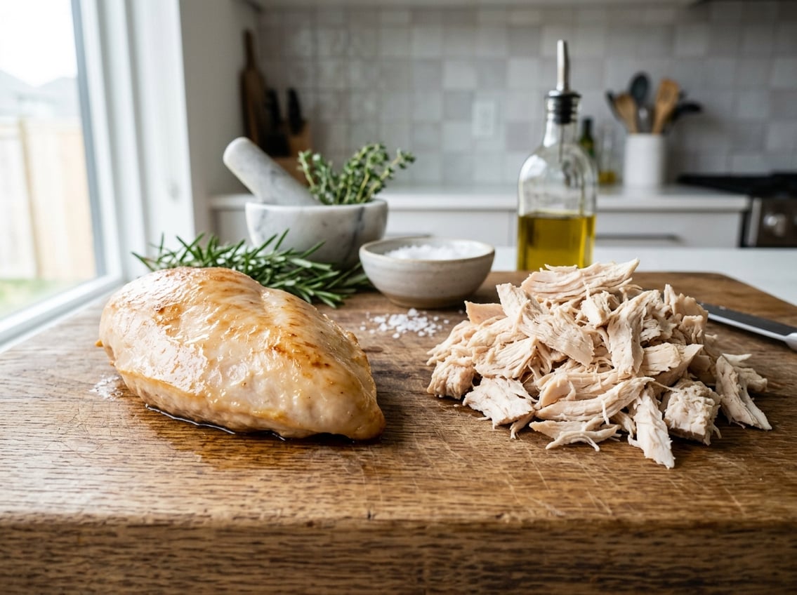 Two chicken breasts on a wooden cutting board, one smooth and juicy, the other shredded and dry, in a kitchen setting.