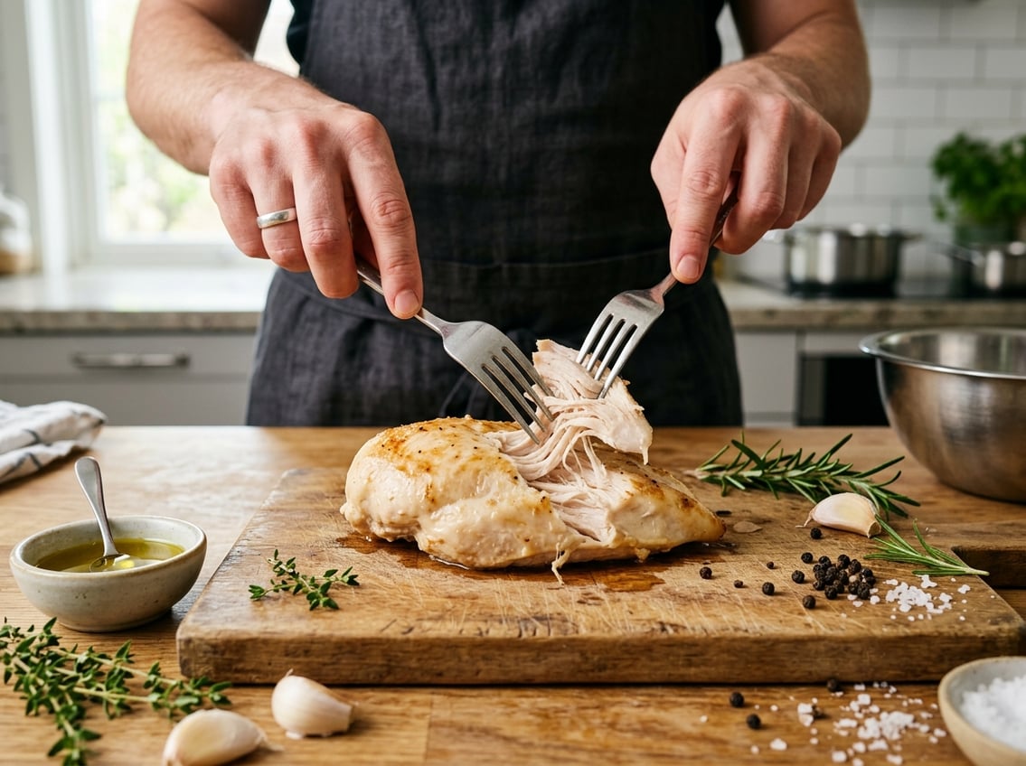 Close-up of a cooked chicken breast being shredded with two forks on a wooden cutting board in a kitchen with fresh ingredients nearby.