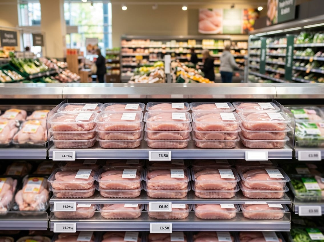 Supermarket fresh meat section with neatly arranged packages of chicken breasts on display.