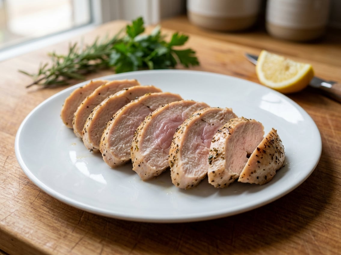 Close-up of cooked chicken breast slices with a slight pink center on a white plate surrounded by fresh herbs and a lemon wedge.