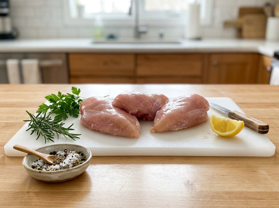 Raw chicken breasts with a pink color on a cutting board surrounded by herbs and spices in a kitchen.
