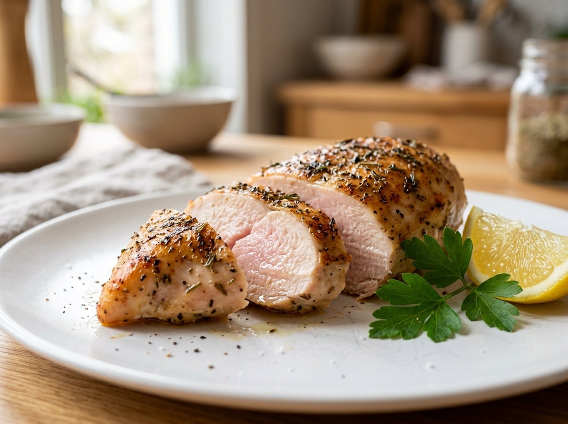 A sliced chicken breast on a white plate with fresh herbs and a lemon wedge.