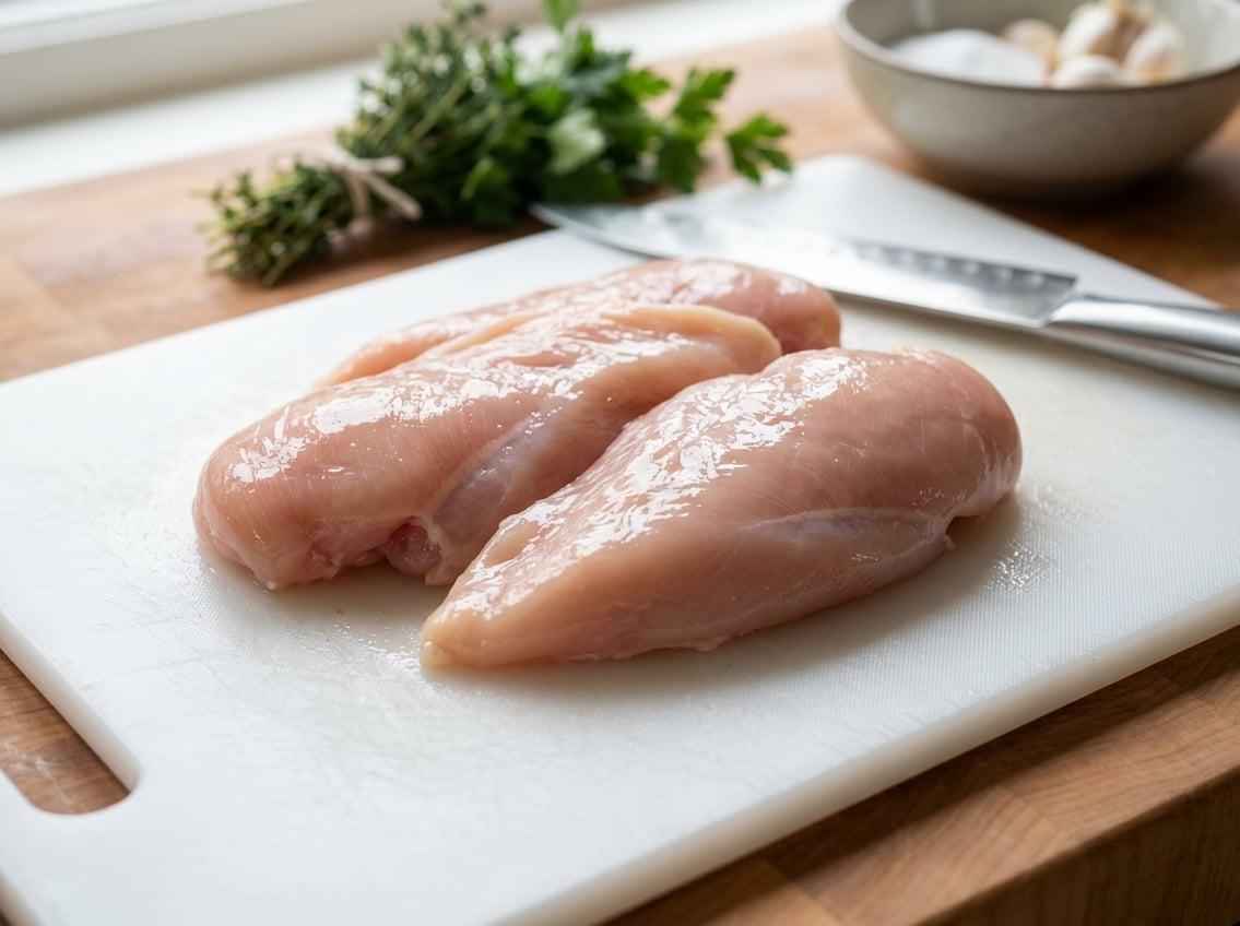 Close-up of raw chicken breasts on a white cutting board with a slightly shiny, moist surface.