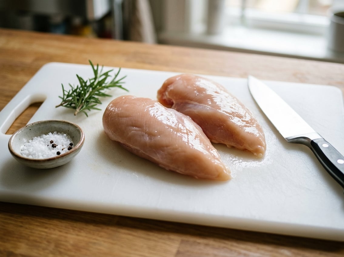 Close-up of raw chicken breasts on a cutting board with kitchen items nearby.