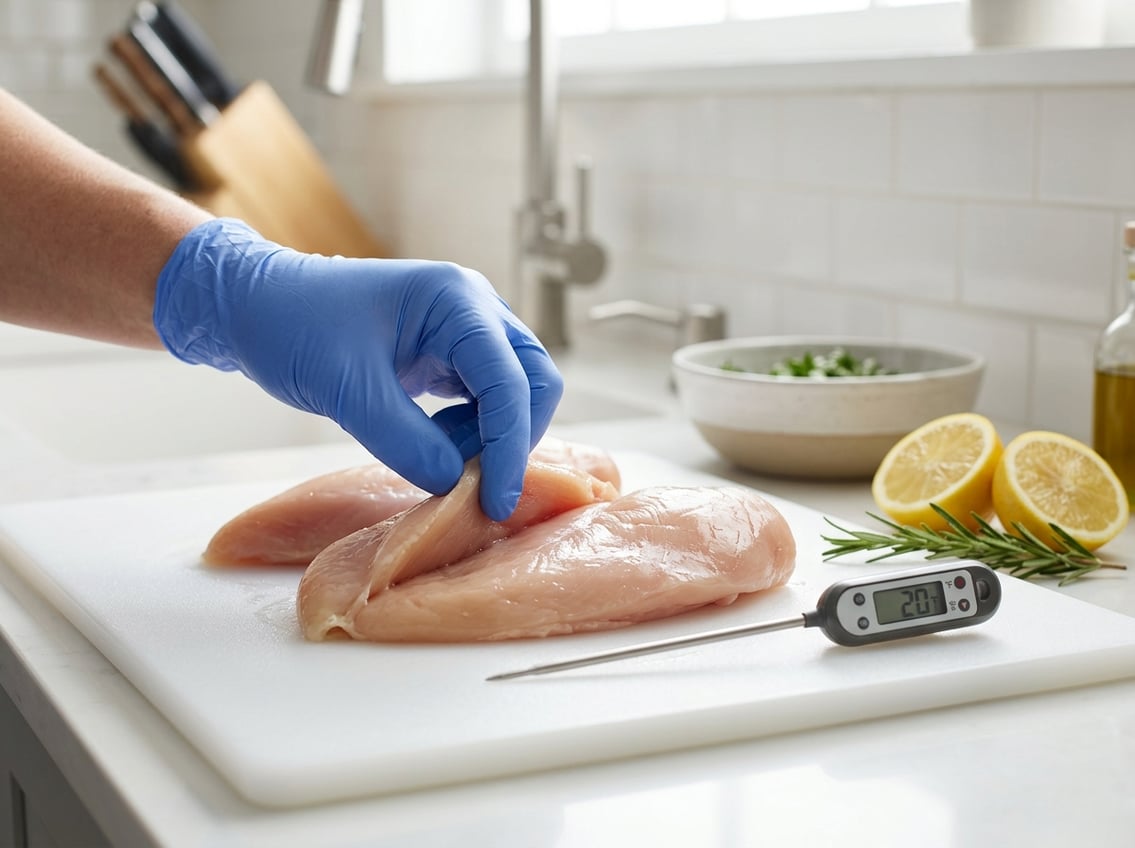 Close-up of raw chicken breasts on a cutting board with a gloved hand touching the meat in a bright kitchen.