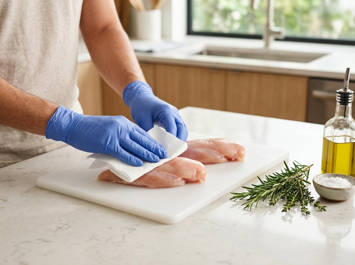 Hands wearing gloves patting raw chicken breasts dry on a cutting board in a clean kitchen setting with herbs and cooking ingredients nearby.