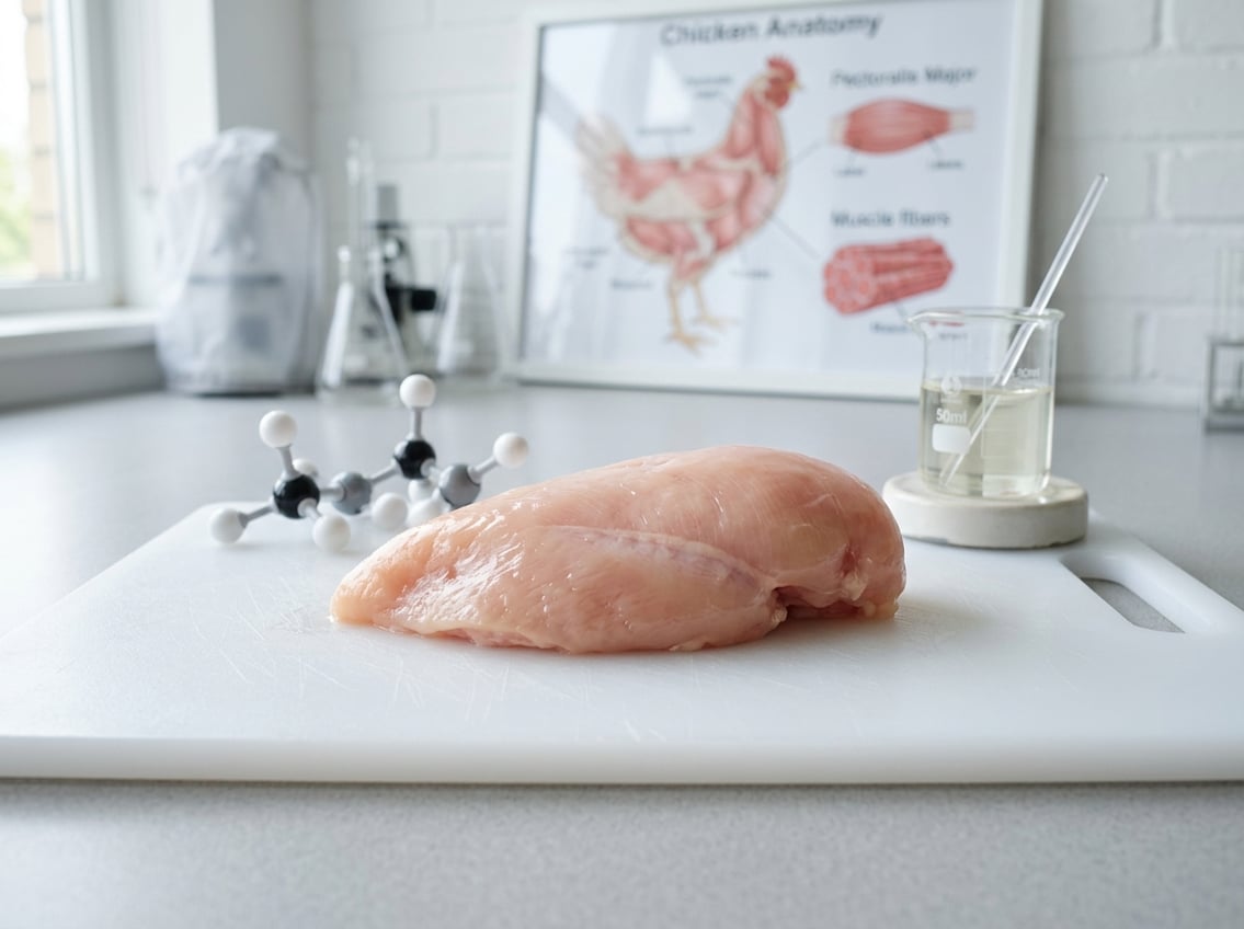 Close-up of a raw chicken breast on a white cutting board with scientific props in the background.
