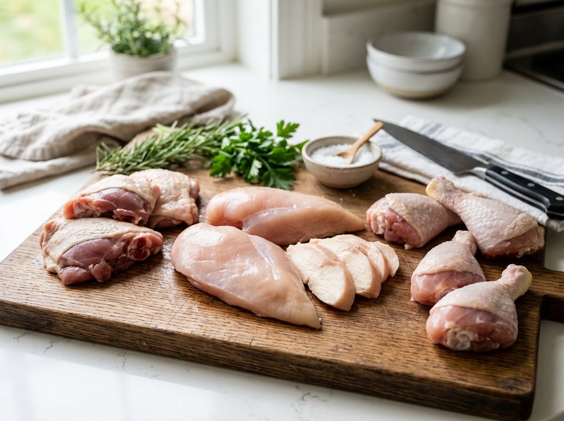 A wooden cutting board with raw chicken breast pieces surrounded by other chicken cuts, fresh herbs, and a chef's knife in a kitchen setting.