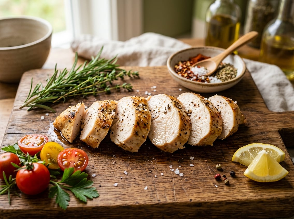 Close-up of sliced cooked chicken breast on a wooden cutting board with fresh herbs and vegetables around it.