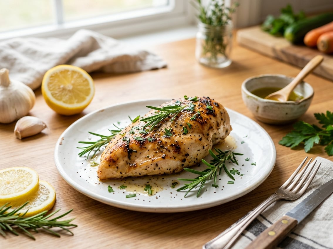 A cooked chicken breast garnished with fresh herbs on a plate, surrounded by garlic, lemon slices, and olive oil on a kitchen countertop.