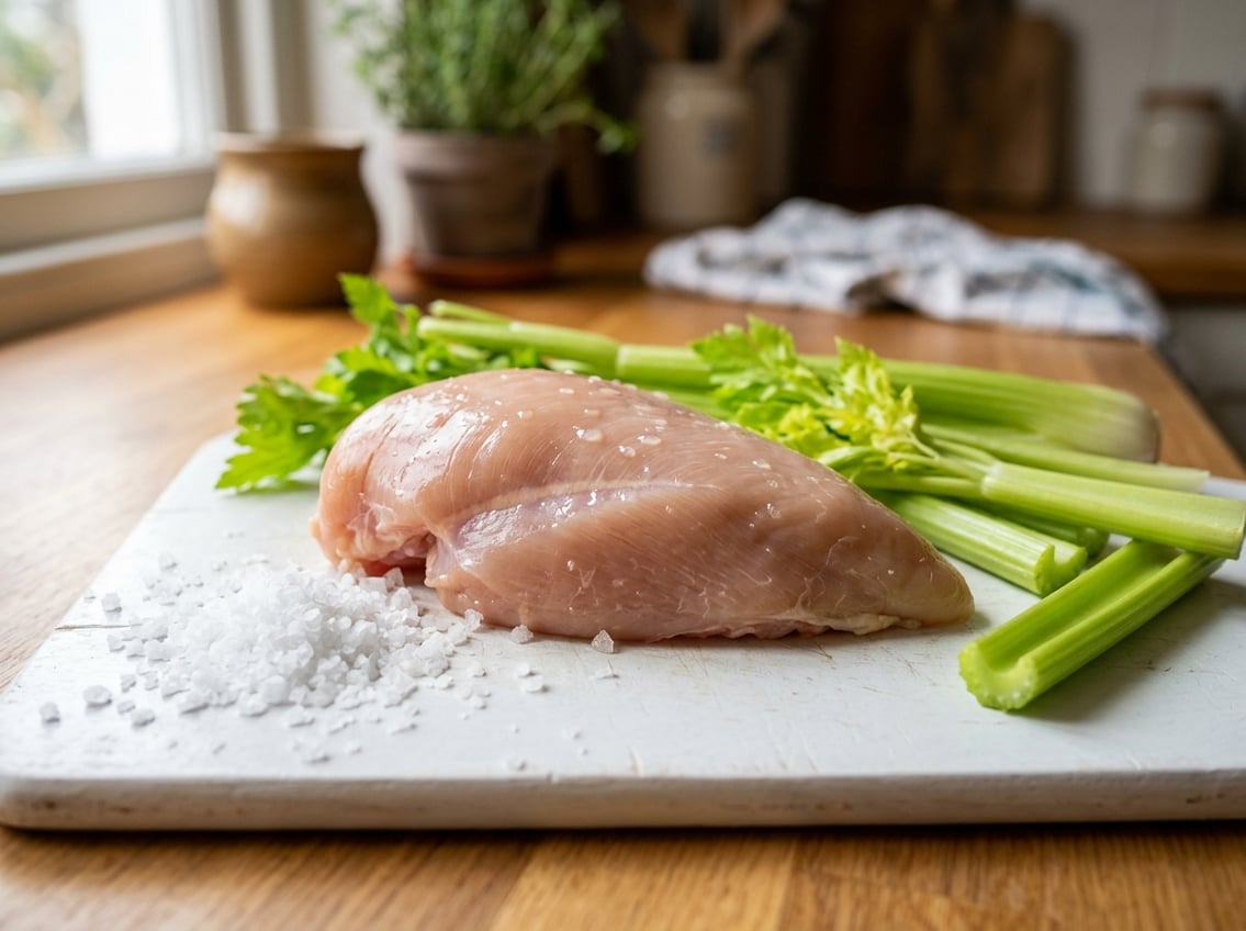 A raw chicken breast on a white cutting board surrounded by sea salt crystals and celery stalks in a kitchen setting.