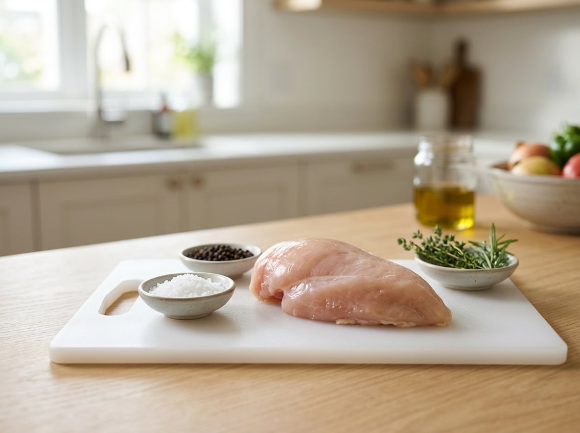 A raw chicken breast on a white cutting board with small bowls of salt and seasonings around it in a bright kitchen.