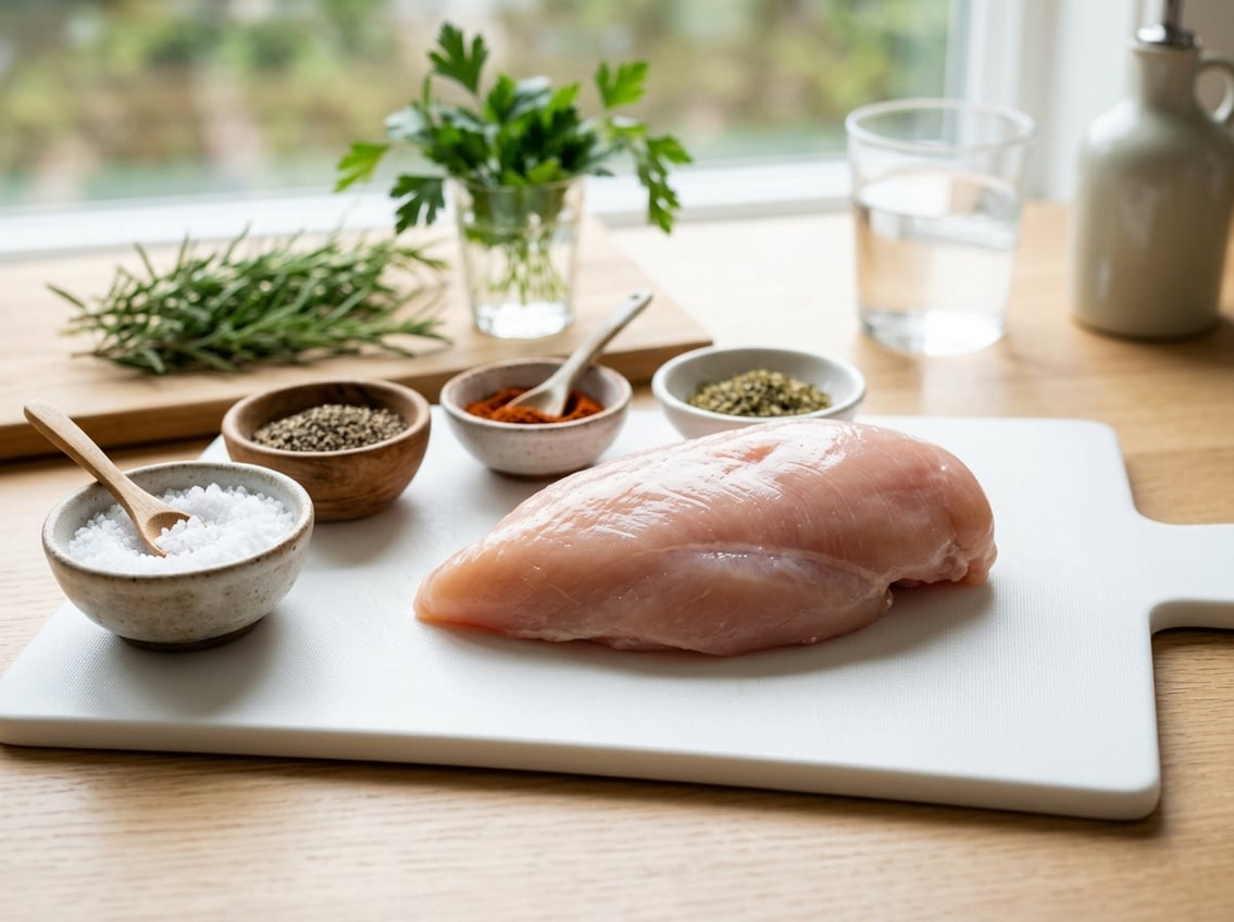 Close-up of a raw chicken breast on a cutting board with bowls of salt and spices nearby, fresh herbs in the background.