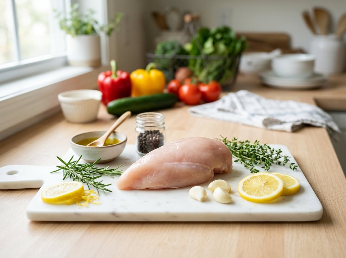 Fresh raw chicken breast on a cutting board surrounded by herbs, lemon slices, garlic, and olive oil in a bright kitchen.