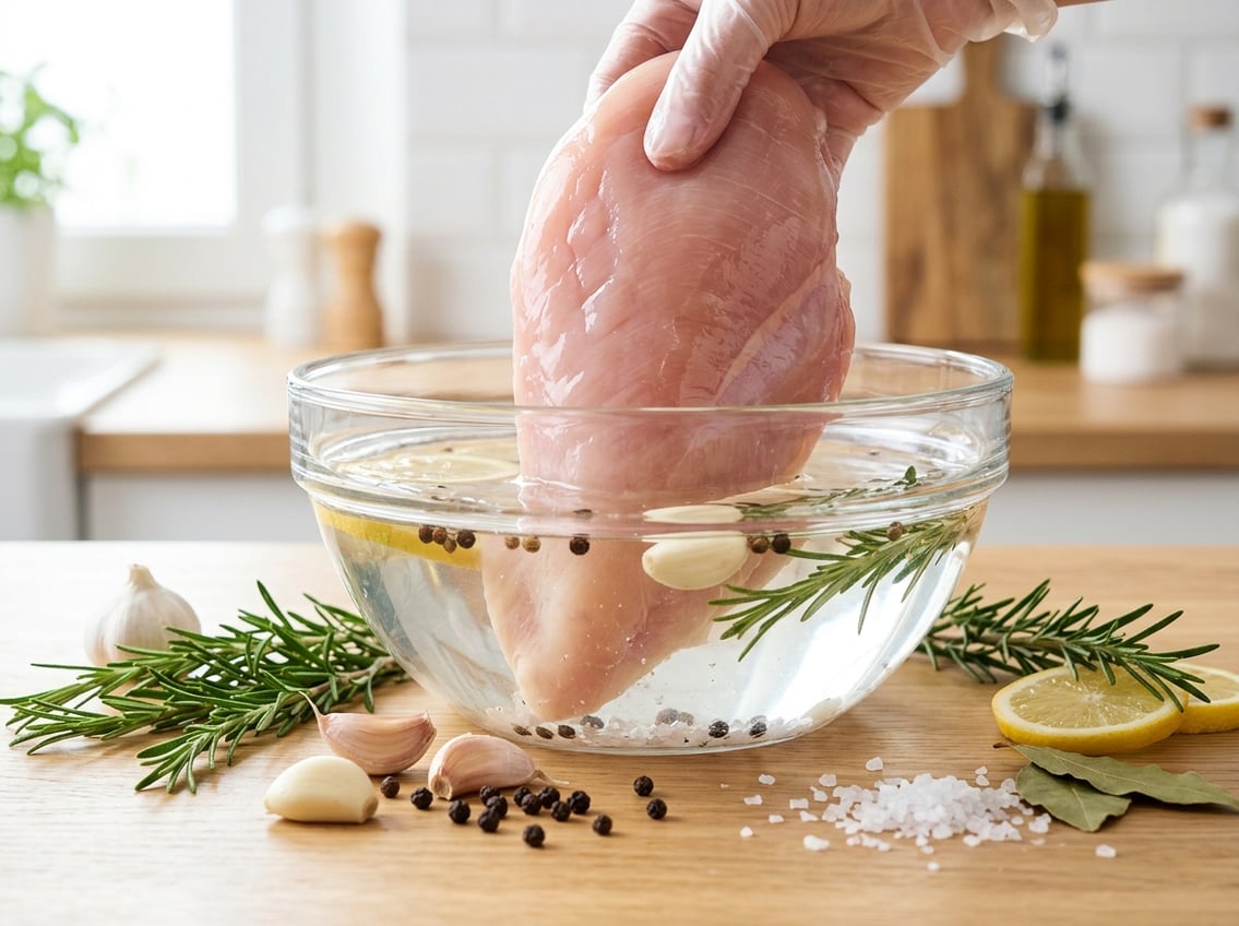 A raw chicken breast being placed into a bowl of clear brine with fresh herbs and spices on a kitchen countertop.