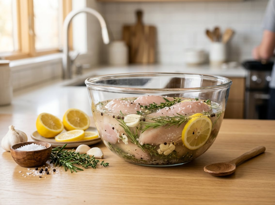 A kitchen scene showing raw chicken breasts submerged in a glass bowl of brine with herbs and spices on a countertop.