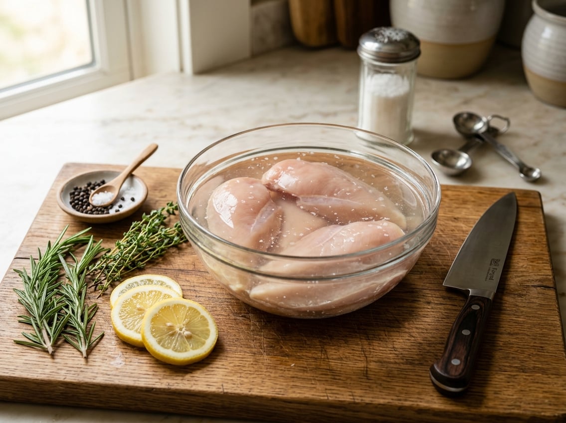 A kitchen scene showing raw chicken breasts being soaked in a bowl of water with salt, surrounded by fresh herbs and lemon slices on a cutting board.