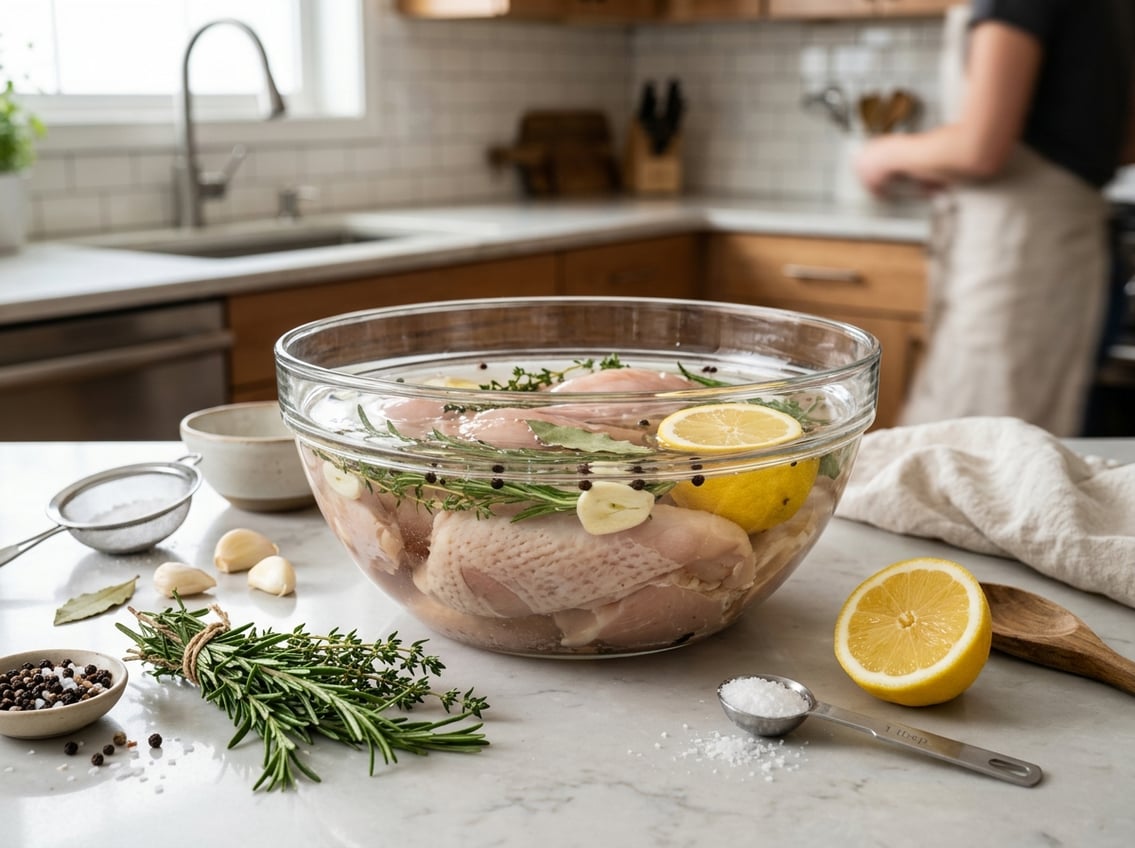 A kitchen countertop with a glass bowl containing raw chicken breasts submerged in brine, surrounded by fresh herbs, garlic, lemon, and kitchen utensils.