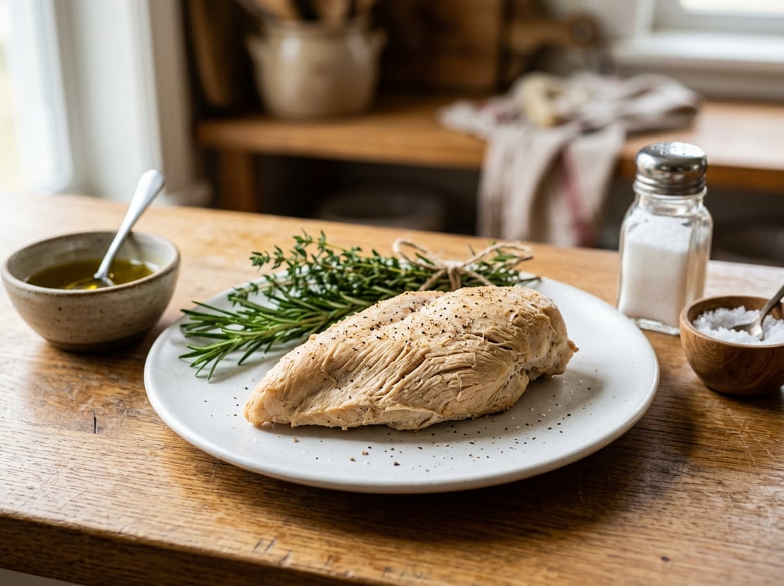 Close-up of a cooked chicken breast on a white plate with herbs and olive oil nearby.