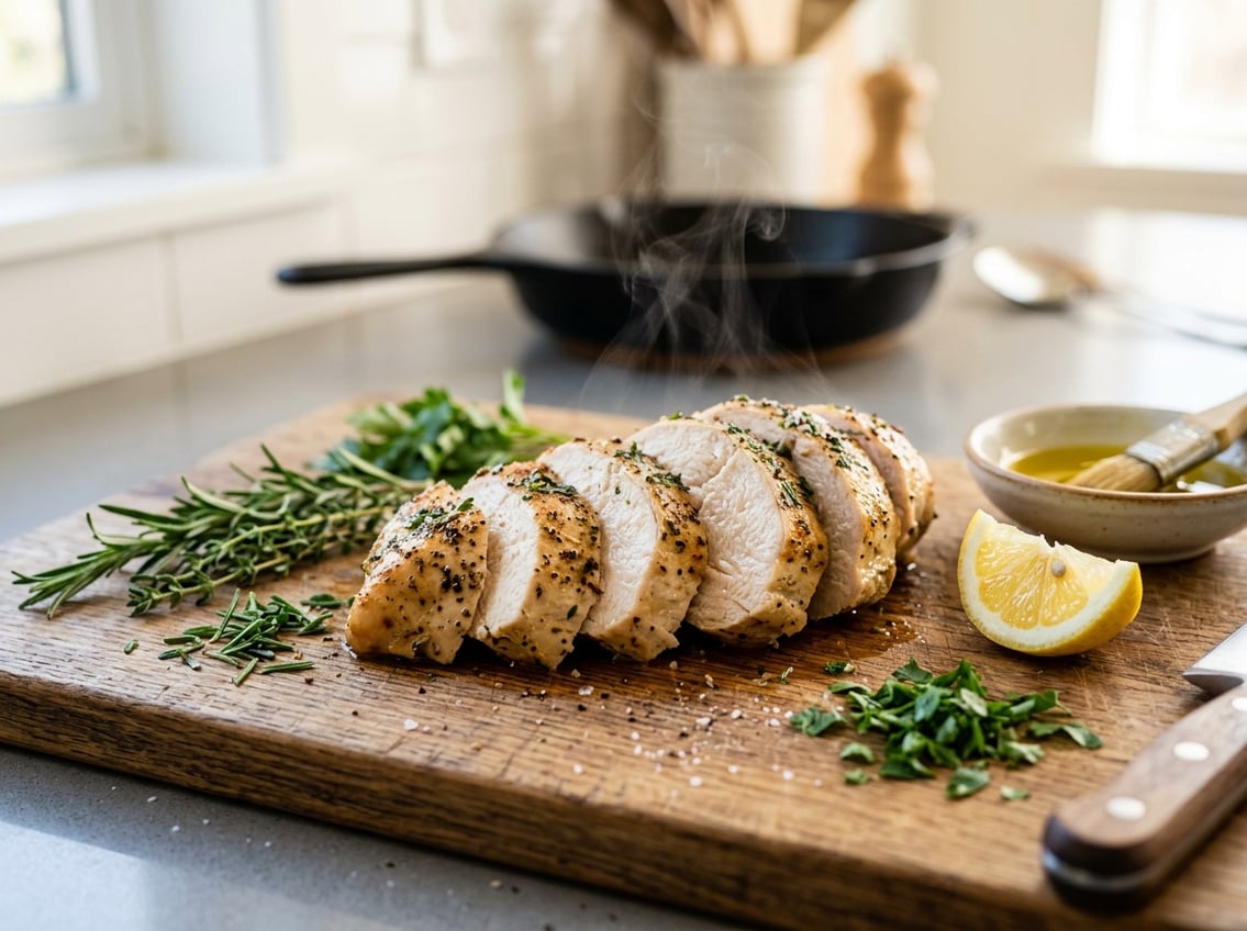 A sliced, juicy chicken breast on a wooden cutting board with herbs, lemon wedge, and olive oil on a kitchen countertop.