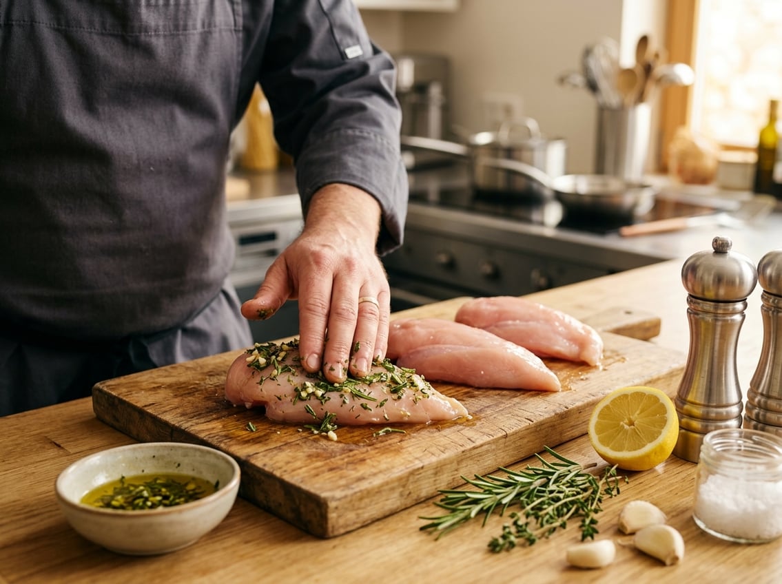 A kitchen scene showing raw chicken breasts on a cutting board with herbs, lemon, olive oil, and a hand seasoning the chicken.