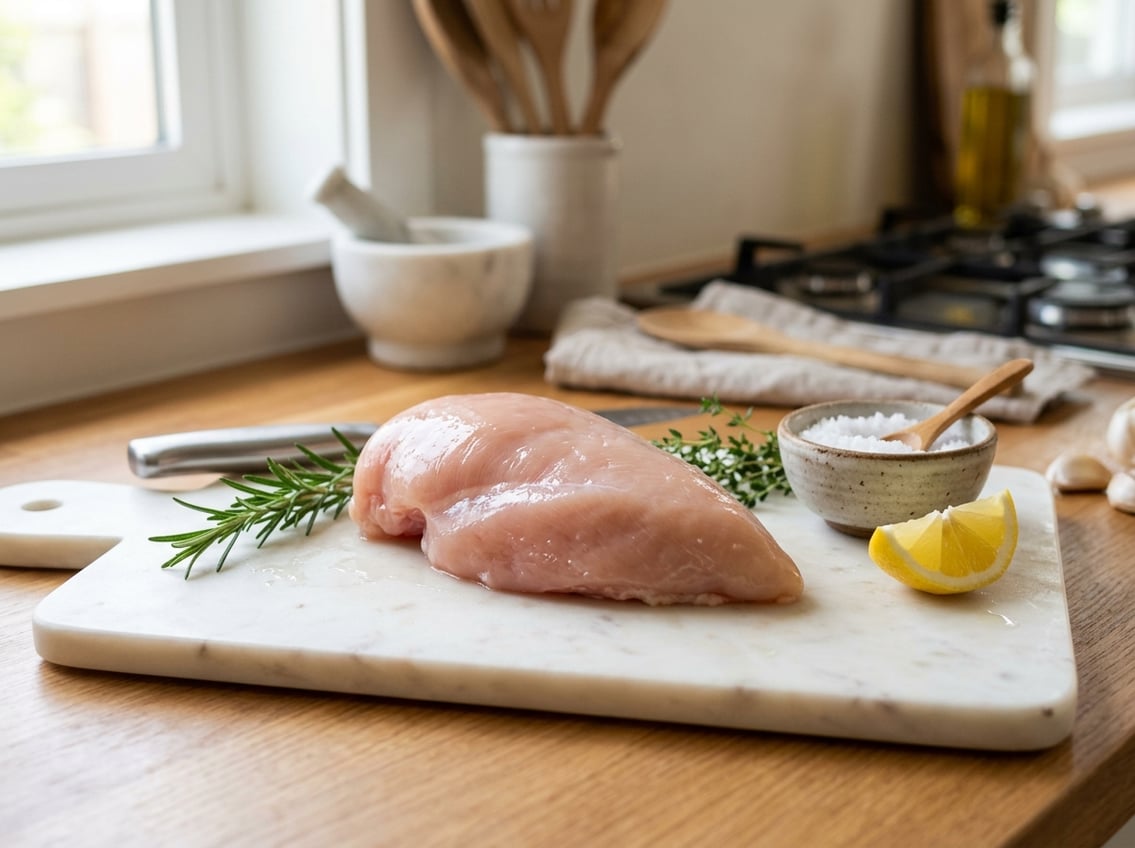 A fresh chicken breast on a white cutting board with herbs, lemon, and salt in a bright kitchen.