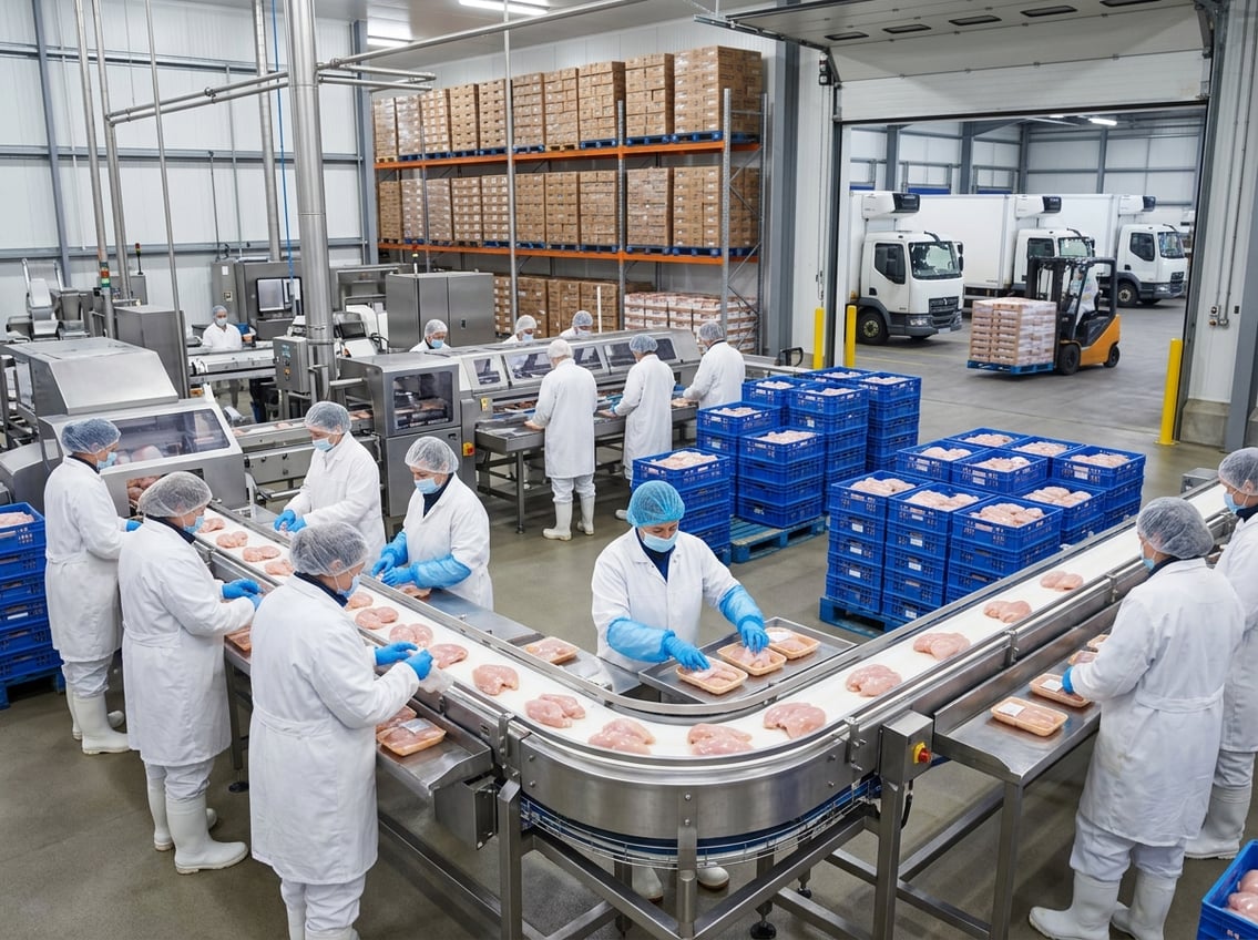 Workers in a poultry processing facility handling chicken breasts on a conveyor belt with packaged chicken and delivery trucks in the background.