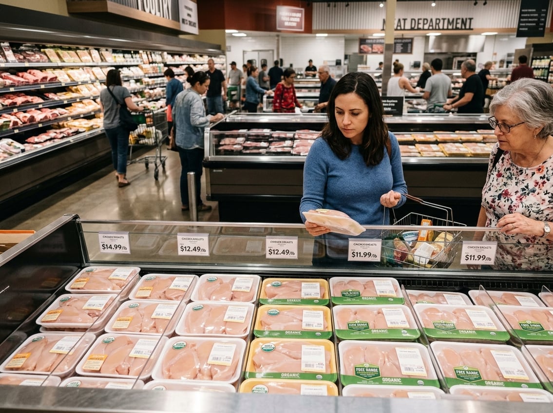 Shoppers looking at packaged chicken breasts with price tags in a supermarket meat section.