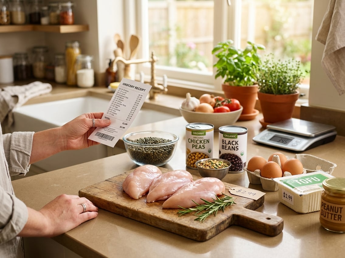 A kitchen countertop with raw chicken breasts on a cutting board surrounded by alternative protein foods and a hand holding a grocery receipt.