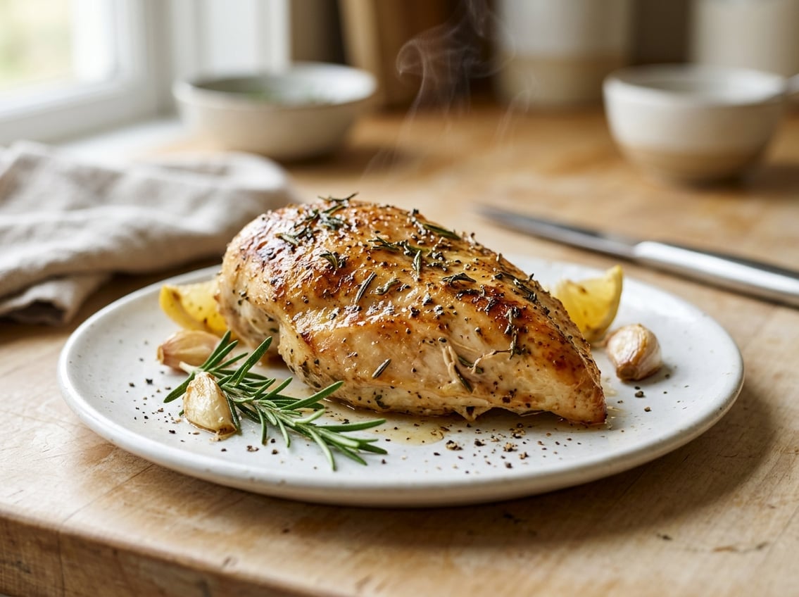 Close-up of a cooked chicken breast on a plate with fresh herbs and lemon wedges on a kitchen countertop.