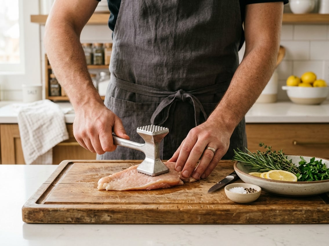 Hands pounding a raw chicken breast with a meat mallet on a wooden cutting board in a kitchen.