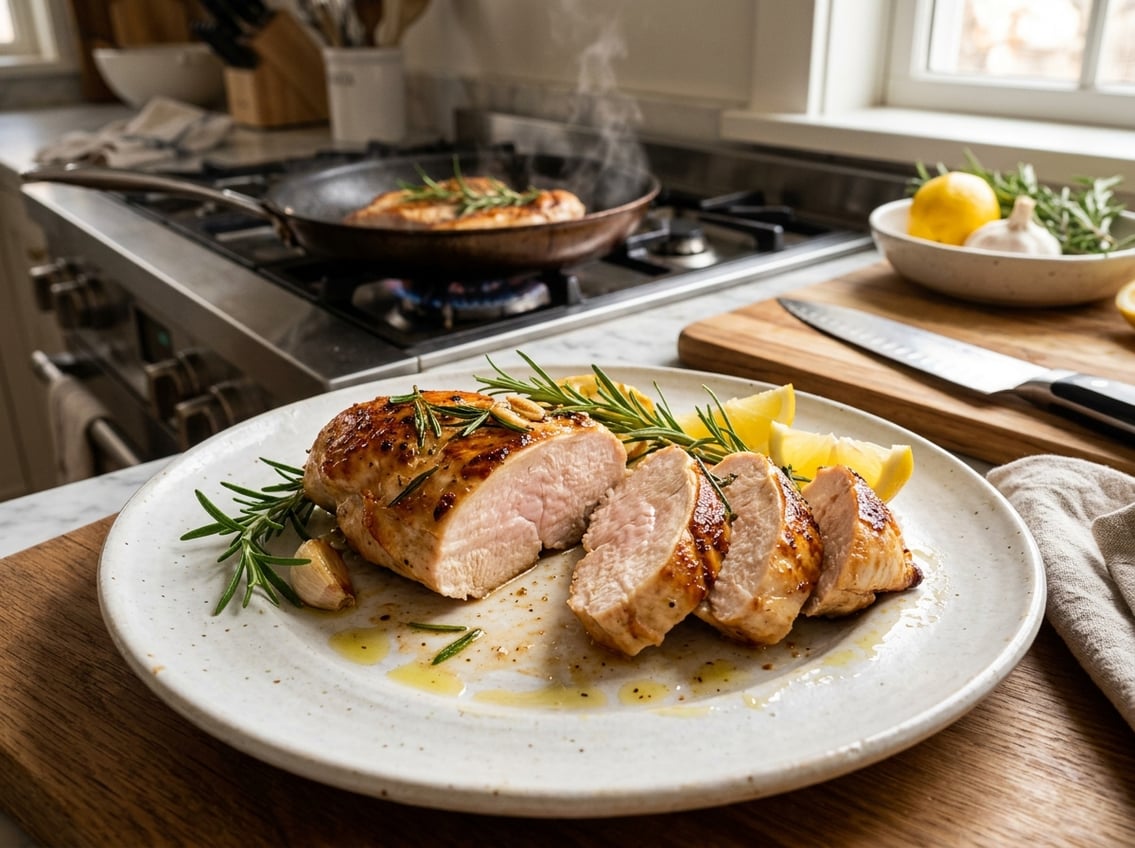 Close-up of a sliced, juicy chicken breast on a plate with fresh herbs and lemon wedges in a kitchen setting.