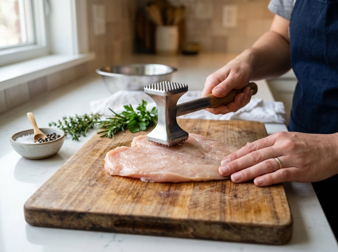 Hands flattening a raw chicken breast with a meat mallet on a wooden cutting board in a kitchen.