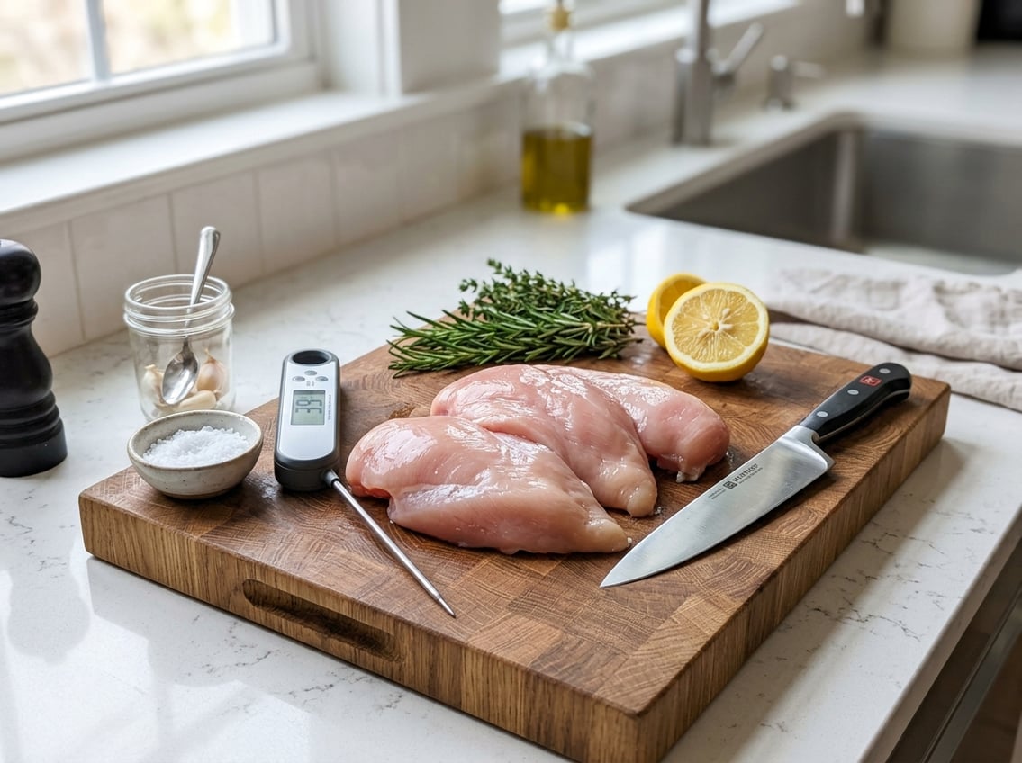 Raw chicken breasts on a wooden cutting board with cooking ingredients and tools on a kitchen countertop.