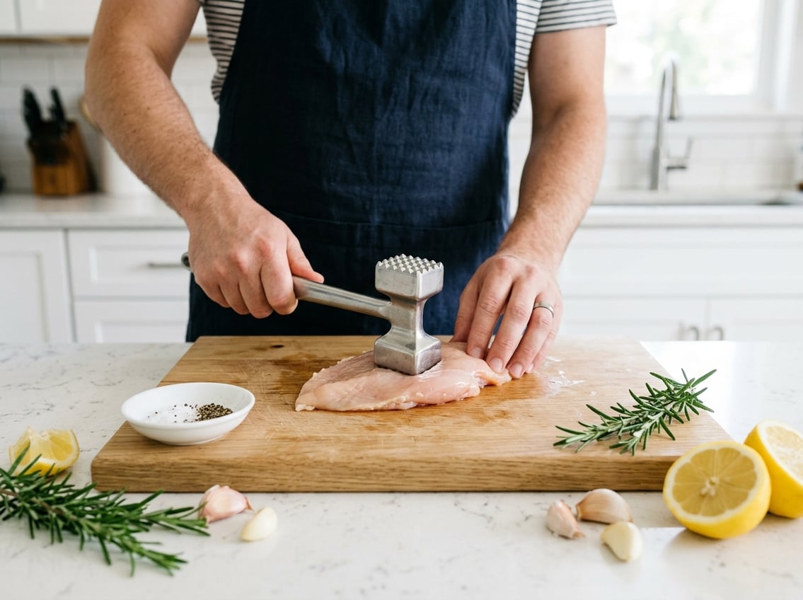 Hands pounding a raw chicken breast with a meat mallet on a wooden cutting board in a kitchen setting with fresh ingredients nearby.
