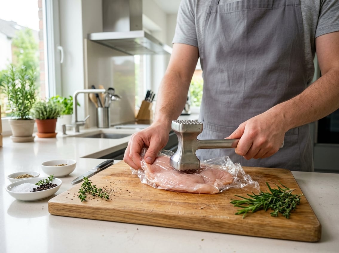 Hands pounding a raw chicken breast flat on a cutting board in a kitchen with fresh herbs nearby.