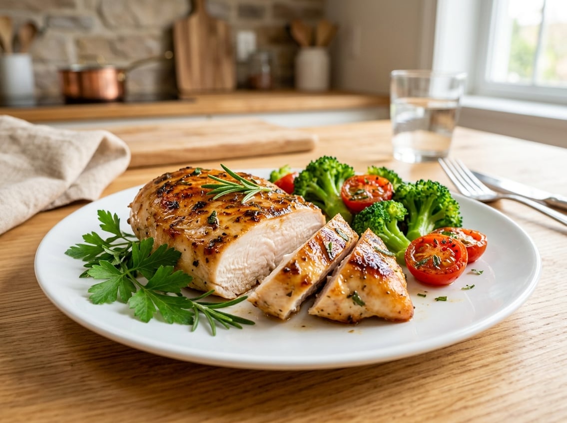 A sliced, juicy chicken breast on a white plate garnished with fresh herbs and colorful vegetables on a kitchen countertop.