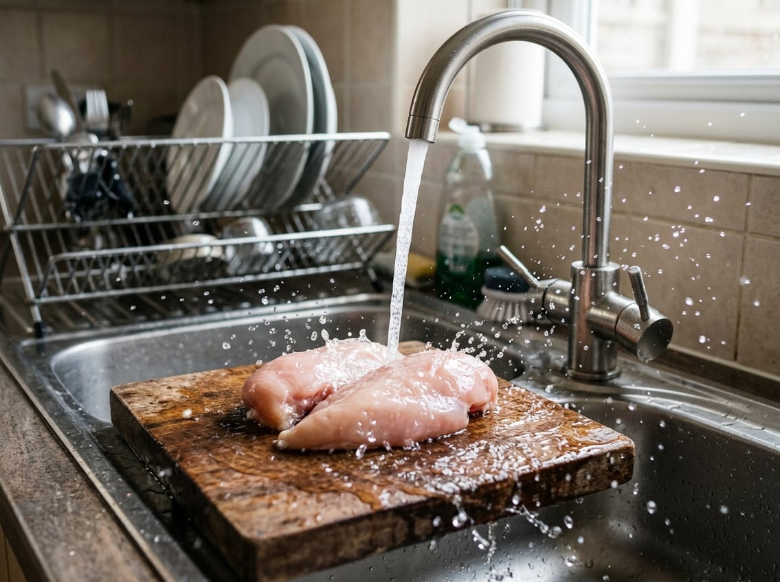 Close-up of raw chicken breasts on a cutting board with water splashing from a kitchen faucet over them in a home kitchen sink.