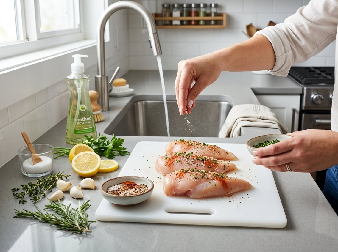 Fresh raw chicken breasts on a cutting board with hands seasoning them, fresh herbs and lemon nearby, in a clean kitchen setting.