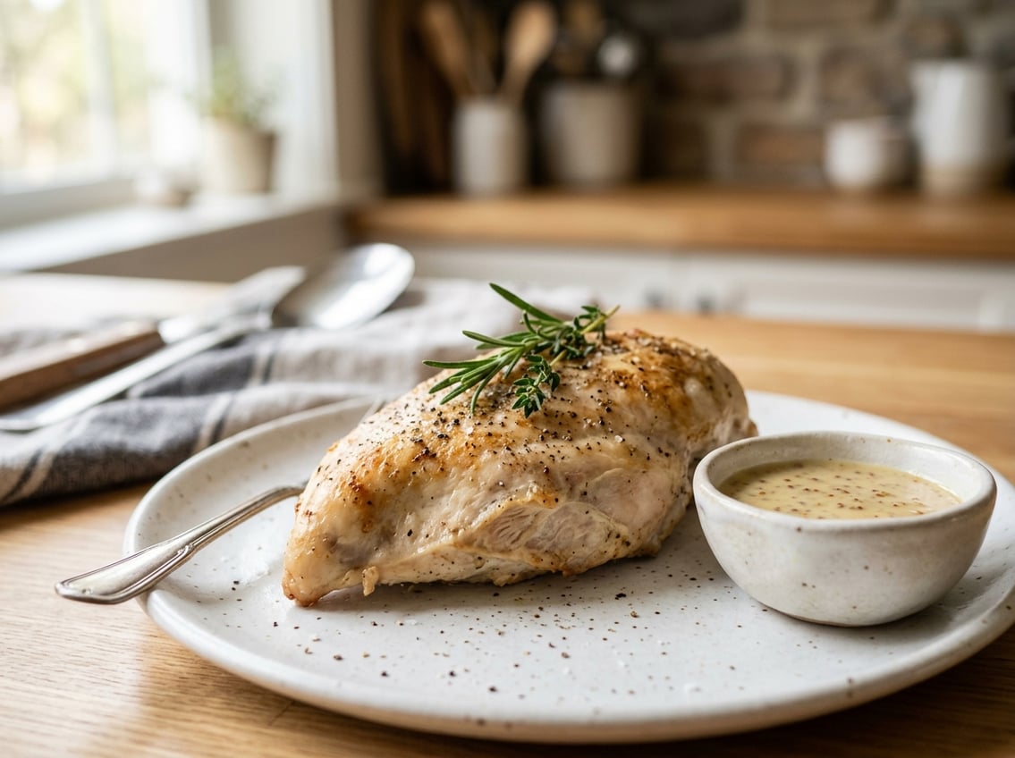 Close-up of a cooked chicken breast on a plate with herbs and dipping sauce in a kitchen setting.
