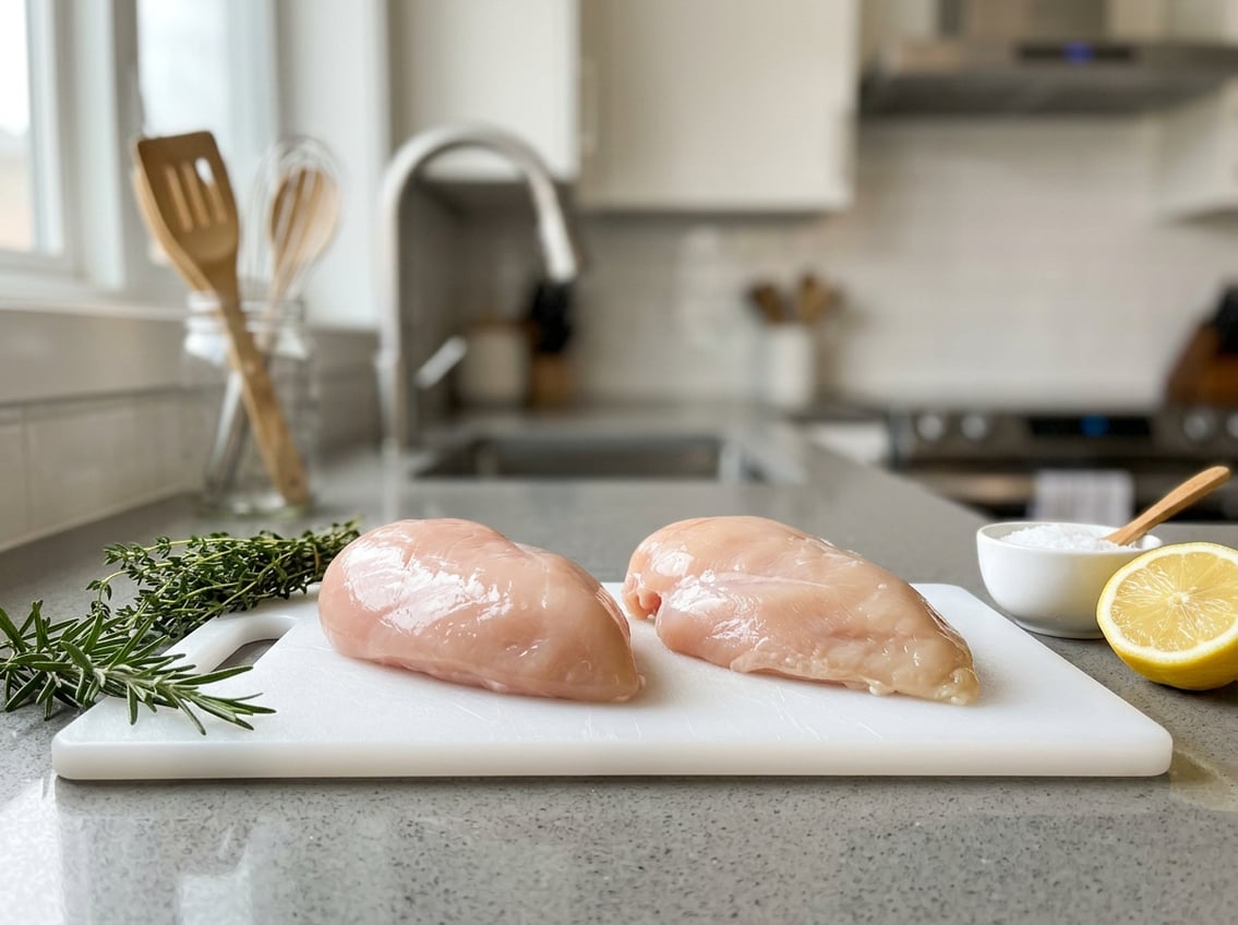 Close-up of raw chicken breasts on a cutting board with herbs and lemon in a kitchen.