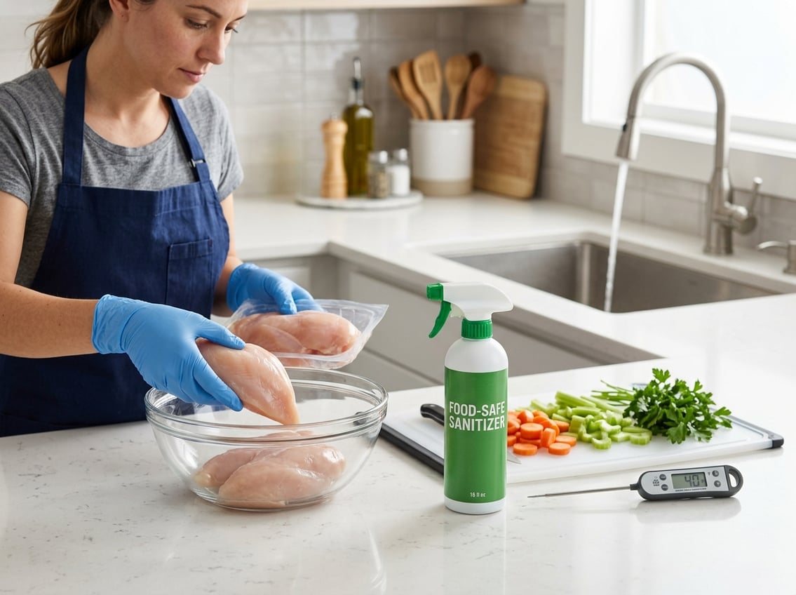 A person wearing gloves handling raw chicken breasts in a clean kitchen with sanitizer, vegetables, and a kitchen thermometer nearby.