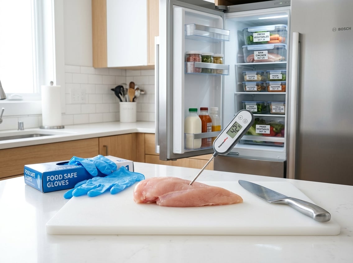 Close-up of raw chicken breasts on a cutting board with a food thermometer and gloves in a clean kitchen setting emphasizing food safety.