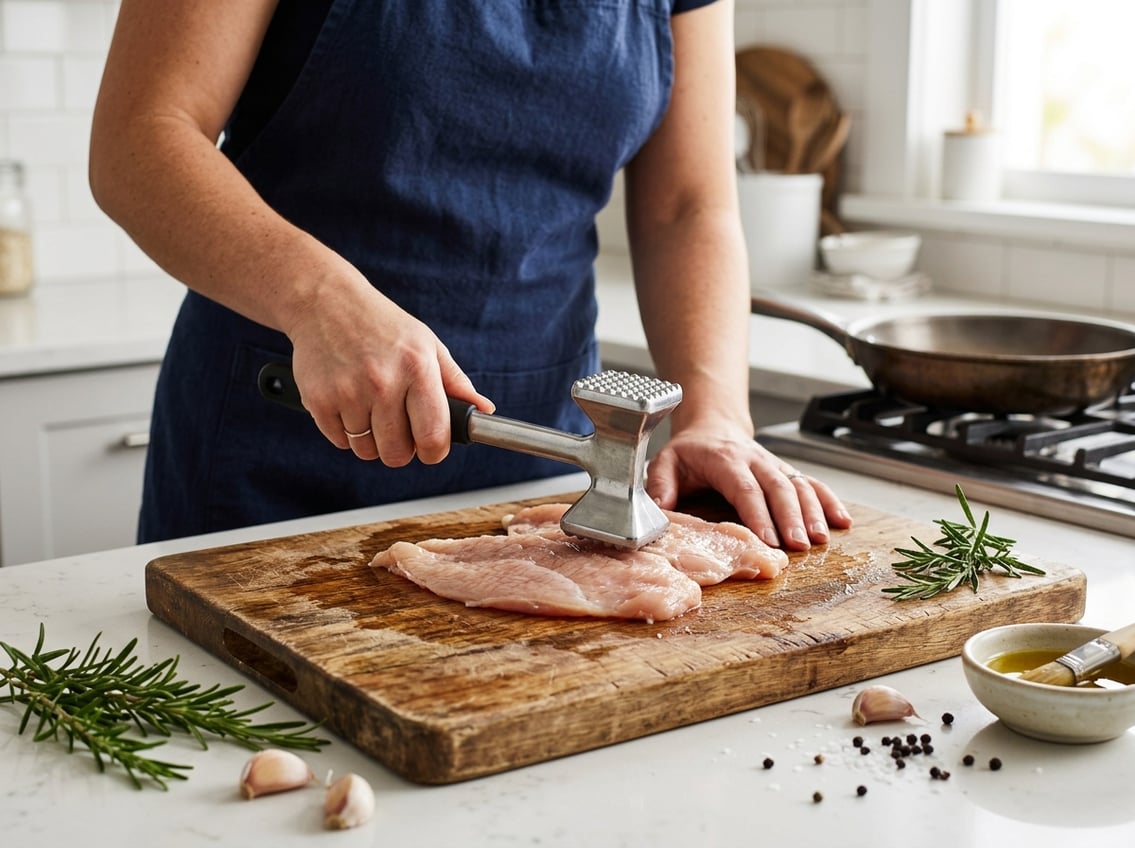 Hands flattening a raw chicken breast on a wooden cutting board in a kitchen with fresh herbs and garlic nearby.