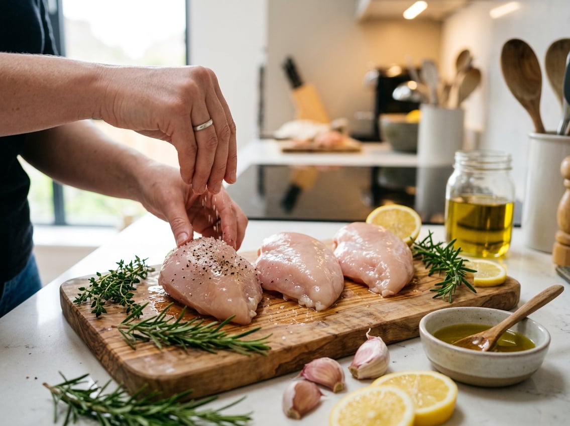Close-up of raw chicken breasts on a cutting board with herbs, lemon slices, garlic, and a person seasoning the chicken in a kitchen.